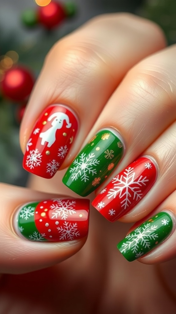 Close-up of festive Christmas nail art with red, green, and white designs.